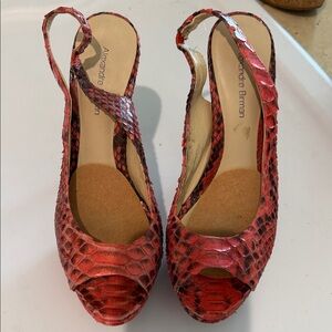 Alexandre Birman Red Snakeskin Peep-Toe Slingback Heels